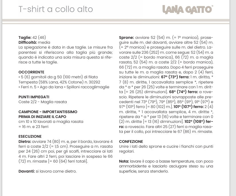 TEMPESTA LANA GATTO 50 GR METRI 100 LANA 58% COTONE 42% FERRI 5